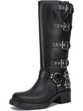 Women's Black Knee High Boots Square Toe Motorcycle Boots with Buckle Biker Boot